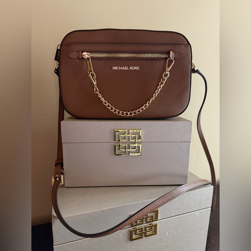 Michael Kors Brown Crossbody Bag Purse Handbag with Gold Chain Detail